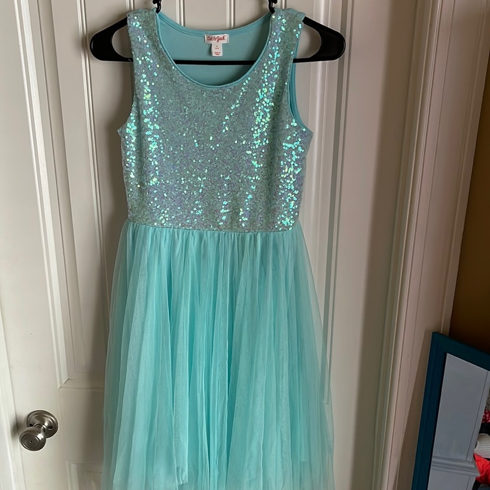 Girls Cat & Jack Sequined Sea Foam Green Tulle Dress Sz L